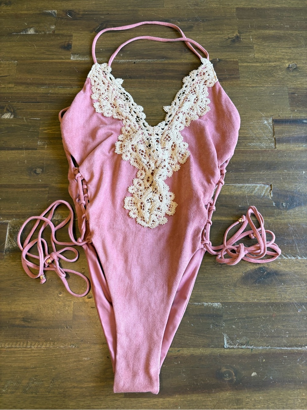 Blue Life Soleil Crochet Pink Faux Suede Lace Up Side One Piece Swimsuit Bikini